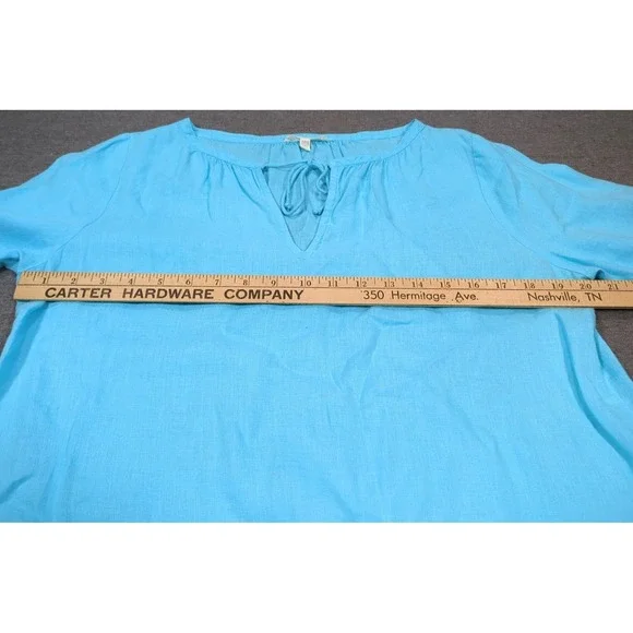 Eileen Fisher Irish Linen Tunic Blue Split Top Neck Tie 3/4 Sleeve Womens PM - Picture 9 of 15